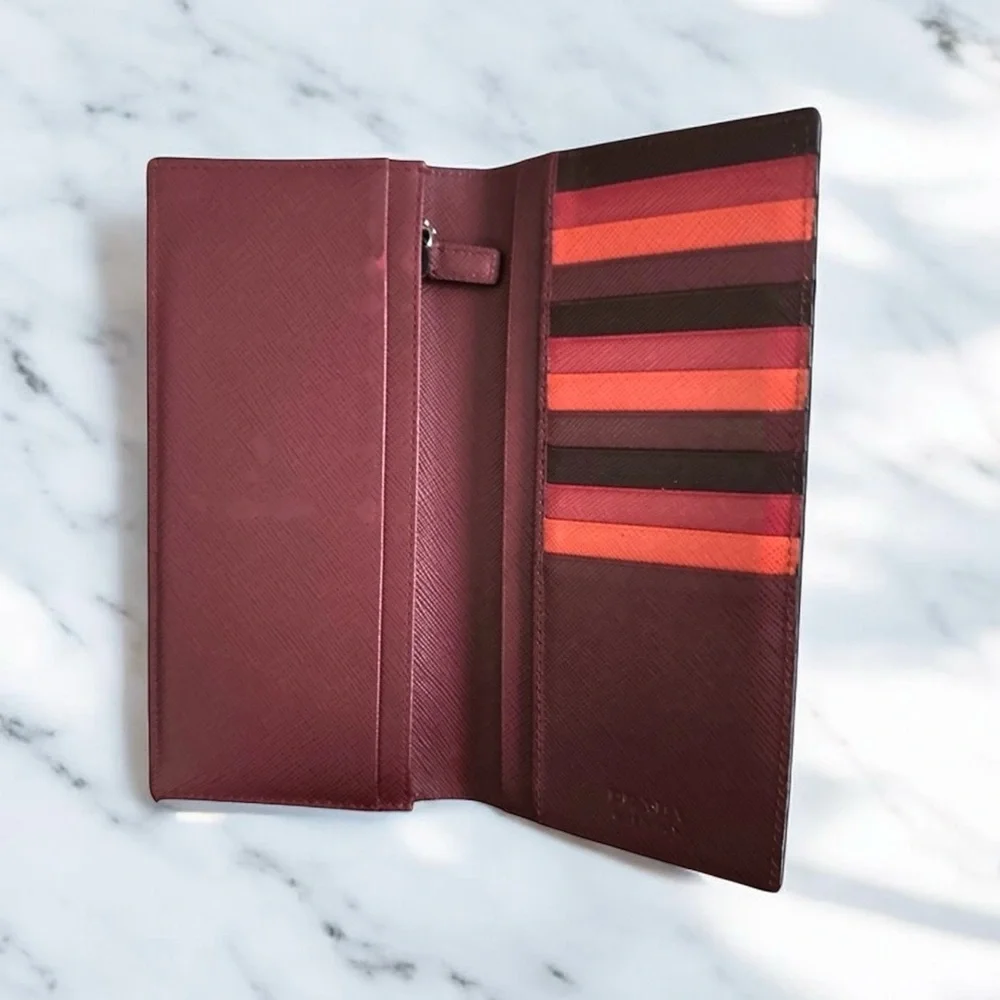 PRADA Saffiano Leather Long Wallet Black Burgundy Multi-Color‎ Interior